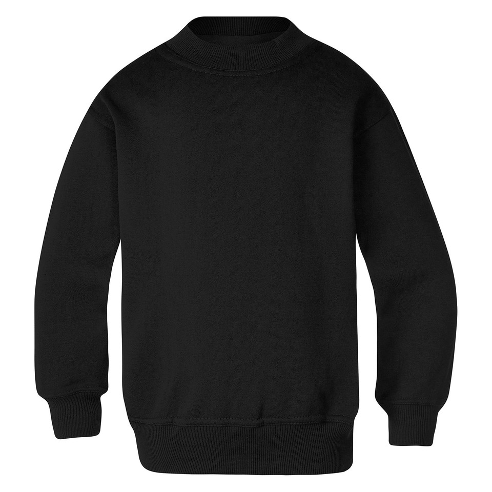 Black kids crew neck sweatshirt with ribbed cuffs, waistband and collar, flat fleece front panel