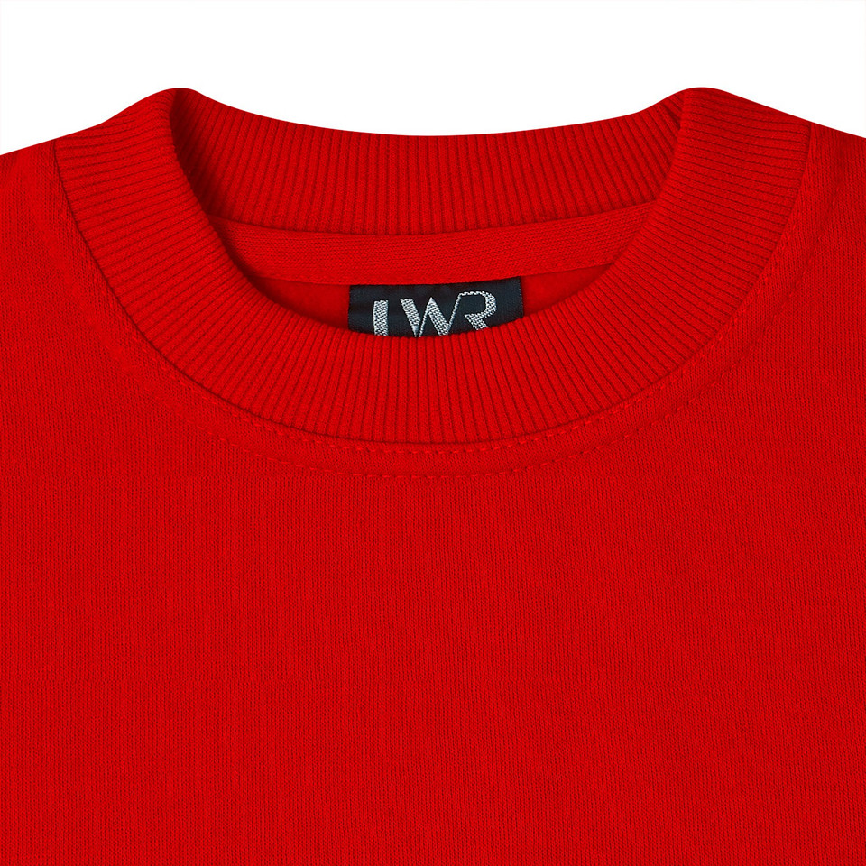 Red ribbed crew neck sweater close-up showing ribbed collar and textured knit body with woven label