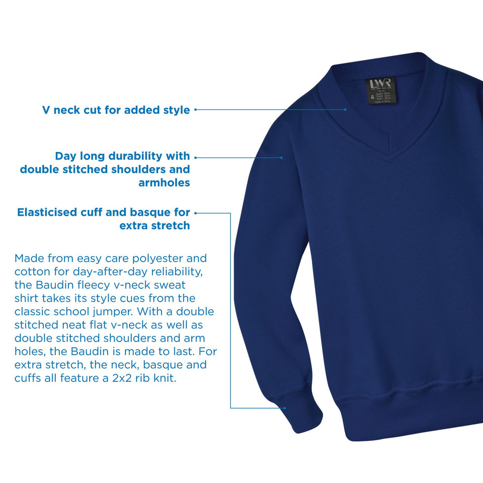 Royal blue fleecy v-neck sweatshirt with ribbed cuffs, basque and double-stitched shoulders