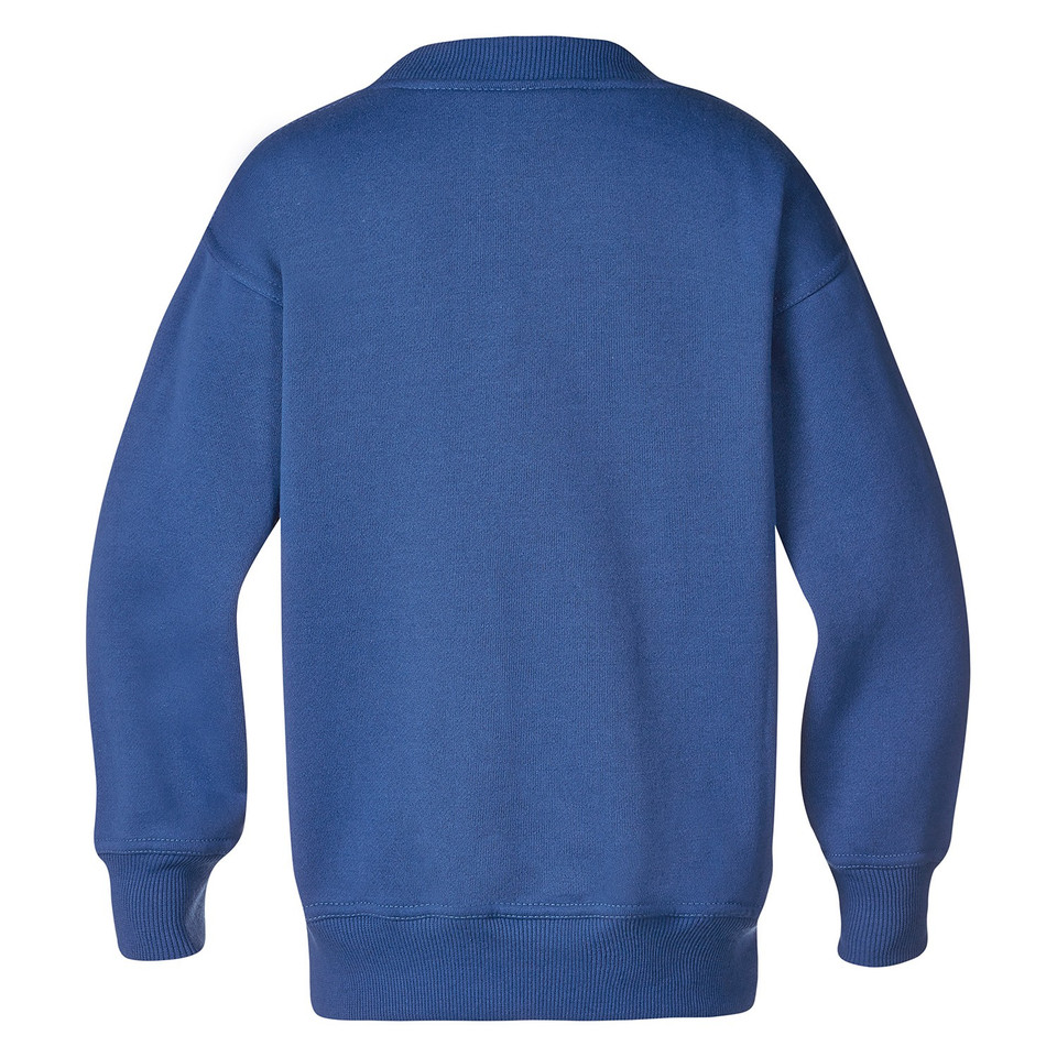 Royal blue fleece v-neck sweatshirt rear view showing ribbed cuffs and hem band