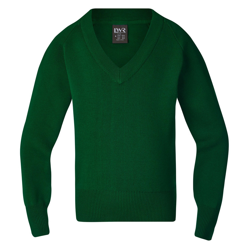 Bottle green kids heavyweight knit v-neck jumper with ribbed cuffs and hem, flat lay packshot