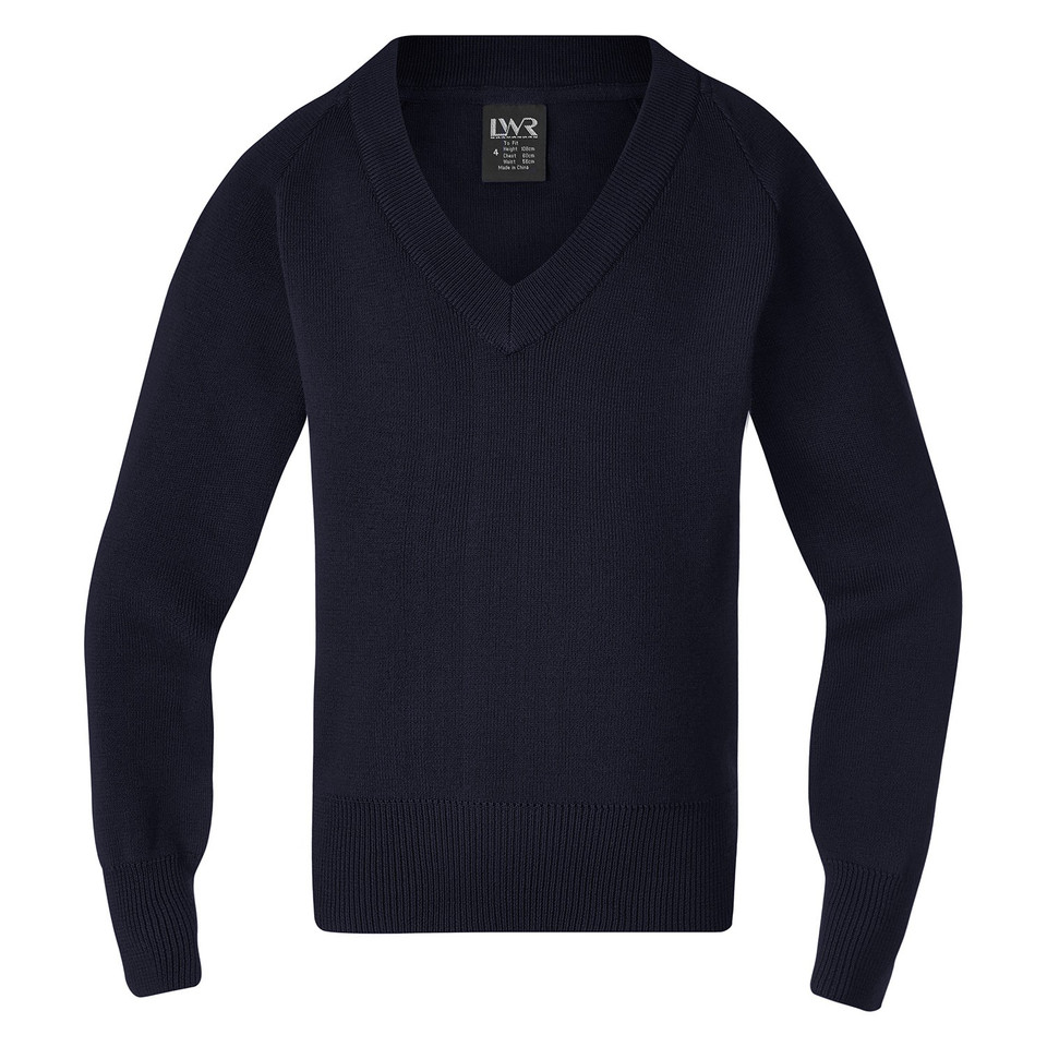 Navy blue kids heavyweight knit v-neck jumper with ribbed cuffs and hem, flat lay packshot
