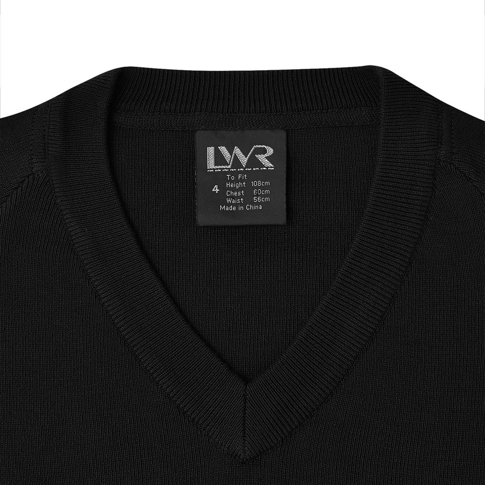 Black kids heavyweight knit v-neck jumper close-up showing ribbed neckline and size label