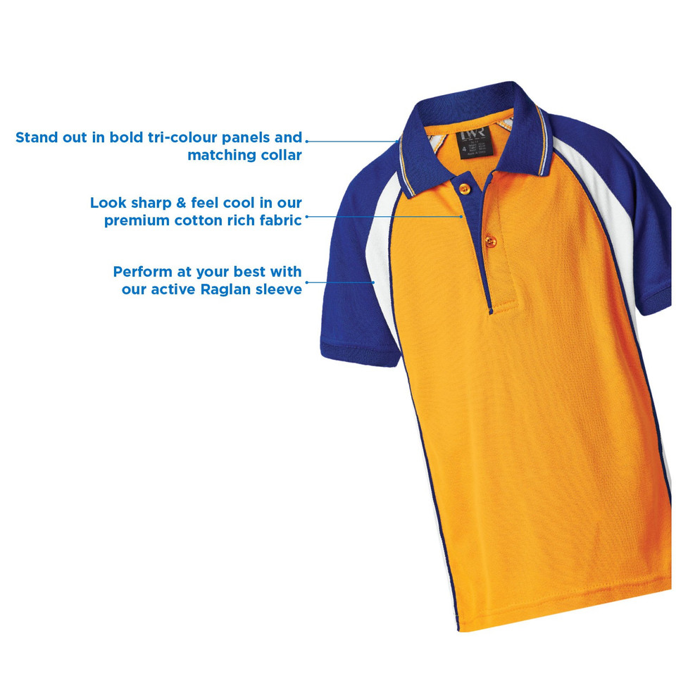 Gold and royal blue raglan sleeve polo with white side panels, tipped collar, and three-button placket