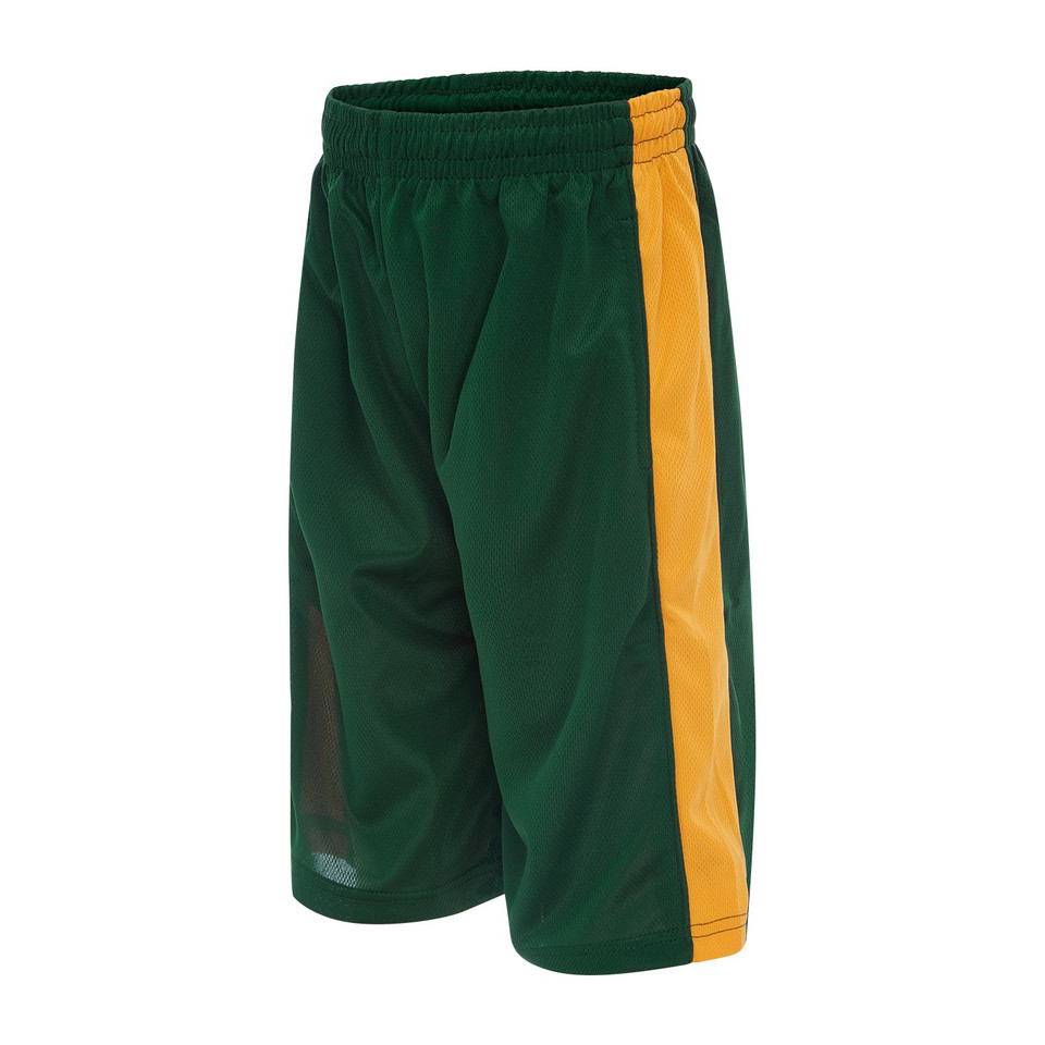 Forest green micro mesh shorts with gold contrast side panel and elasticated waistband