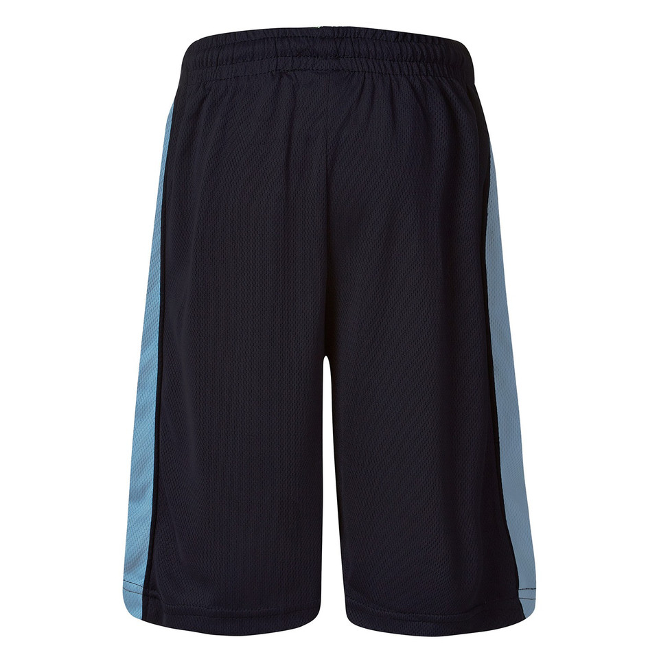 Navy micro mesh athletic shorts with sky blue contrast side panels and elasticated waistband, rear view