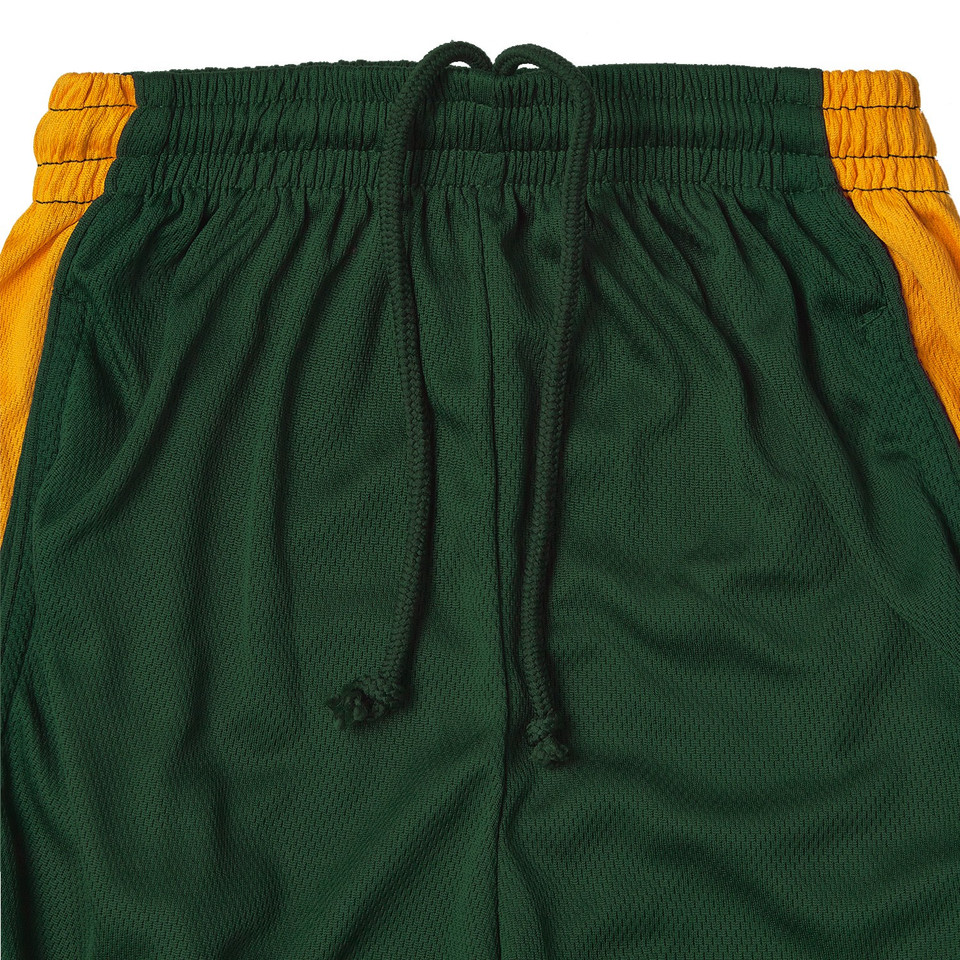 Bottle green micro mesh shorts with gold contrast side panel and elasticated drawstring waistband