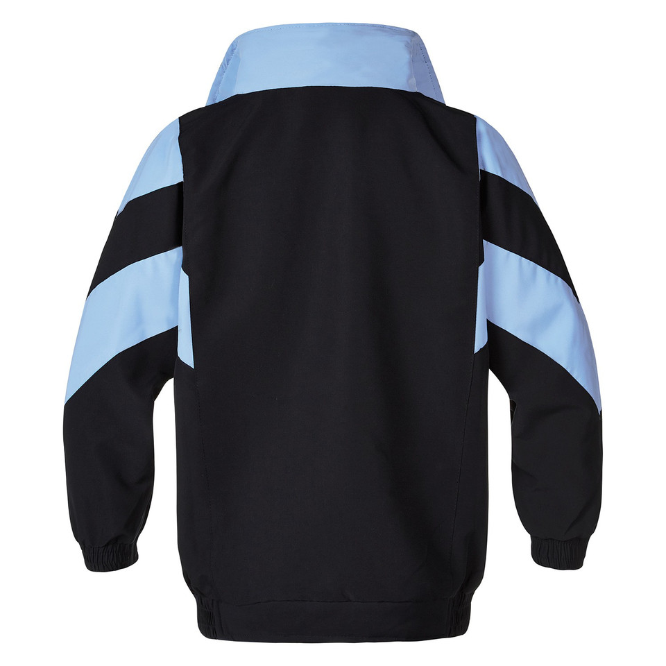 Black microfibre sport jacket rear view with sky blue collar and curved chevron panels on shoulders