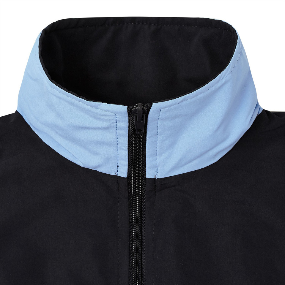 Black microfibre sport jacket with sky blue contrast collar and black centre-front zip, close-up detail