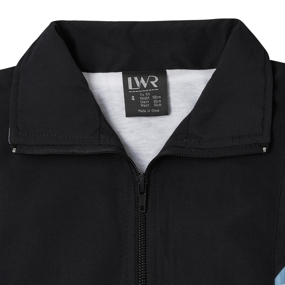 Black microfibre zip-up sport jacket with fold-over collar and centre-front zip, close-up packshot