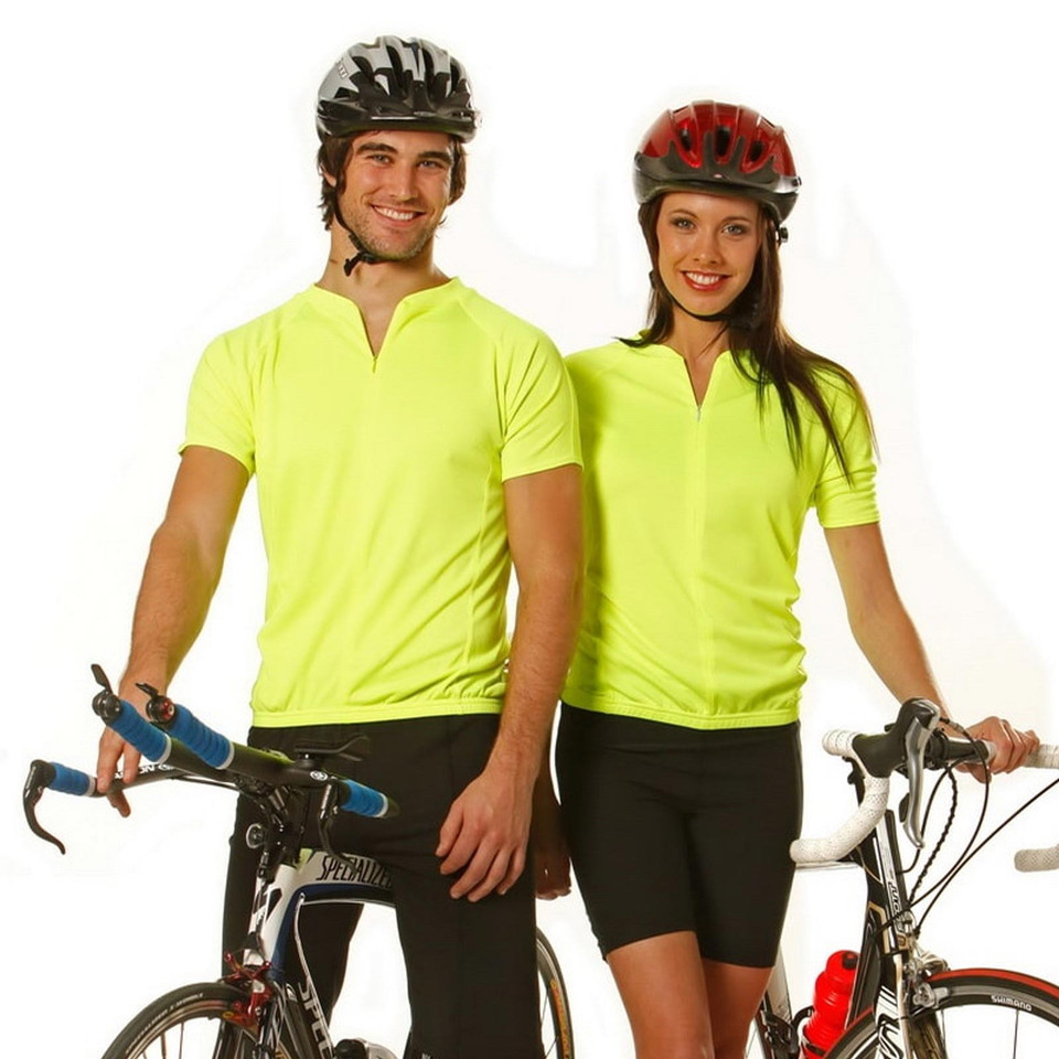 Safety yellow hi-vis cycling jerseys with zip neck and short sleeves on male and female models with bikes