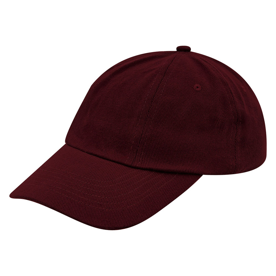 Maroon six-panel kids cotton baseball cap with unstructured low crown and curved brim