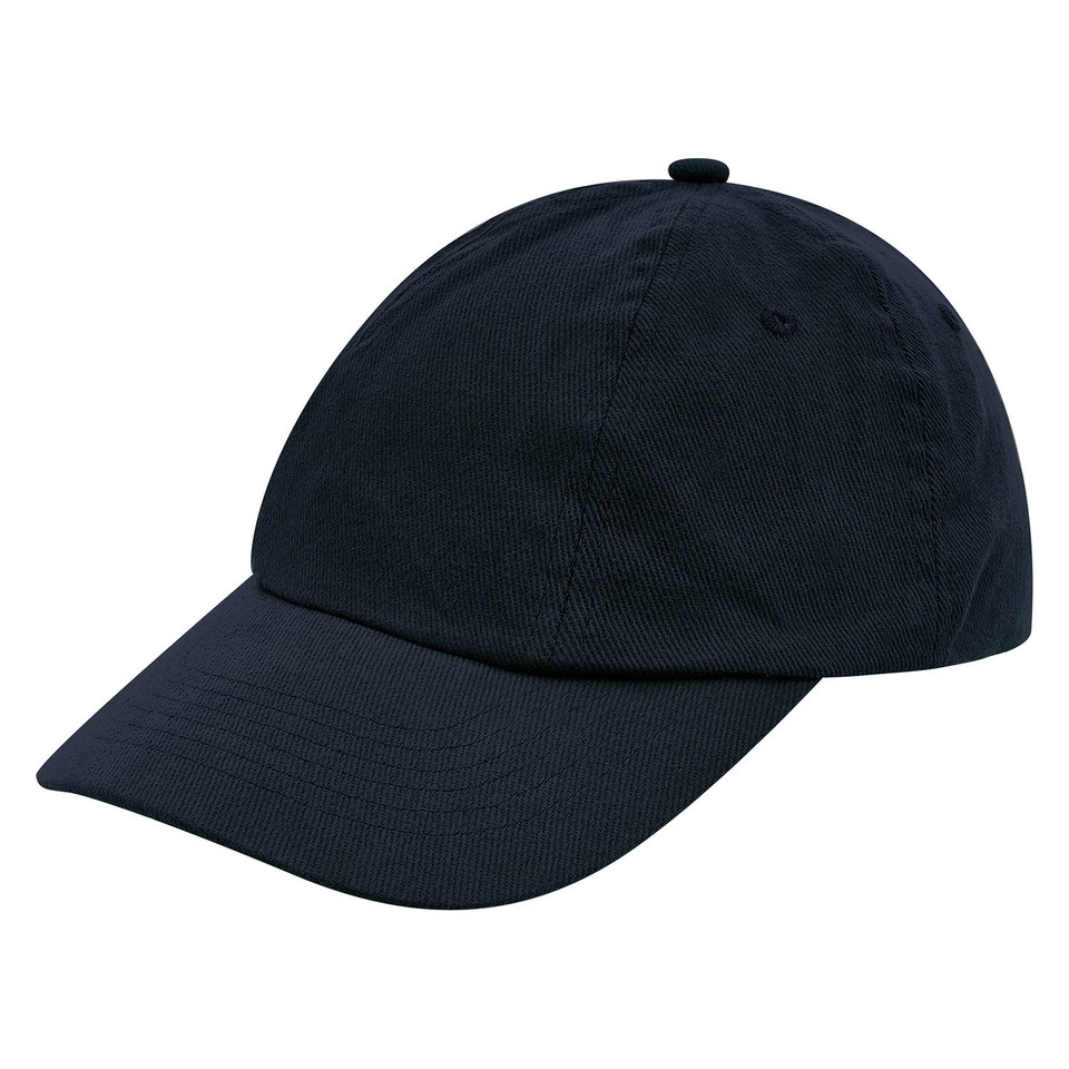 Navy blue kids six-panel cotton baseball cap with unstructured low-profile crown and curved brim