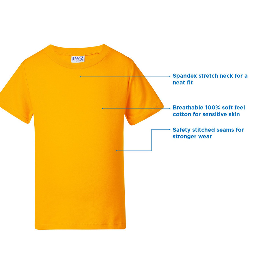 Gold yellow kids crew neck tee with feature callouts showing spandex neck, cotton fabric and safety stitched seams