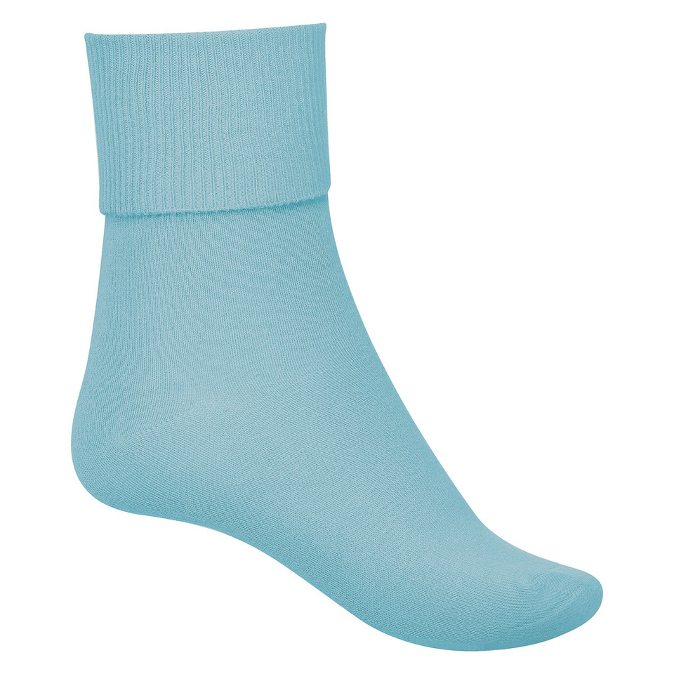 Sky blue cotton ankle sock with ribbed turnover cuff, smooth body, packshot on foot form