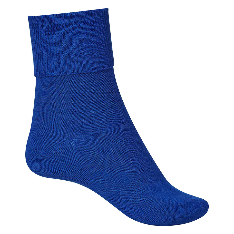 Royal blue cotton ankle socks with ribbed turnover cuff, shown on foot form as packshot