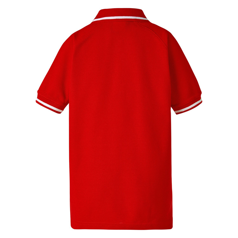 Back view of a red kids polo shirt with white contrast tipping on collar and raglan sleeve cuffs