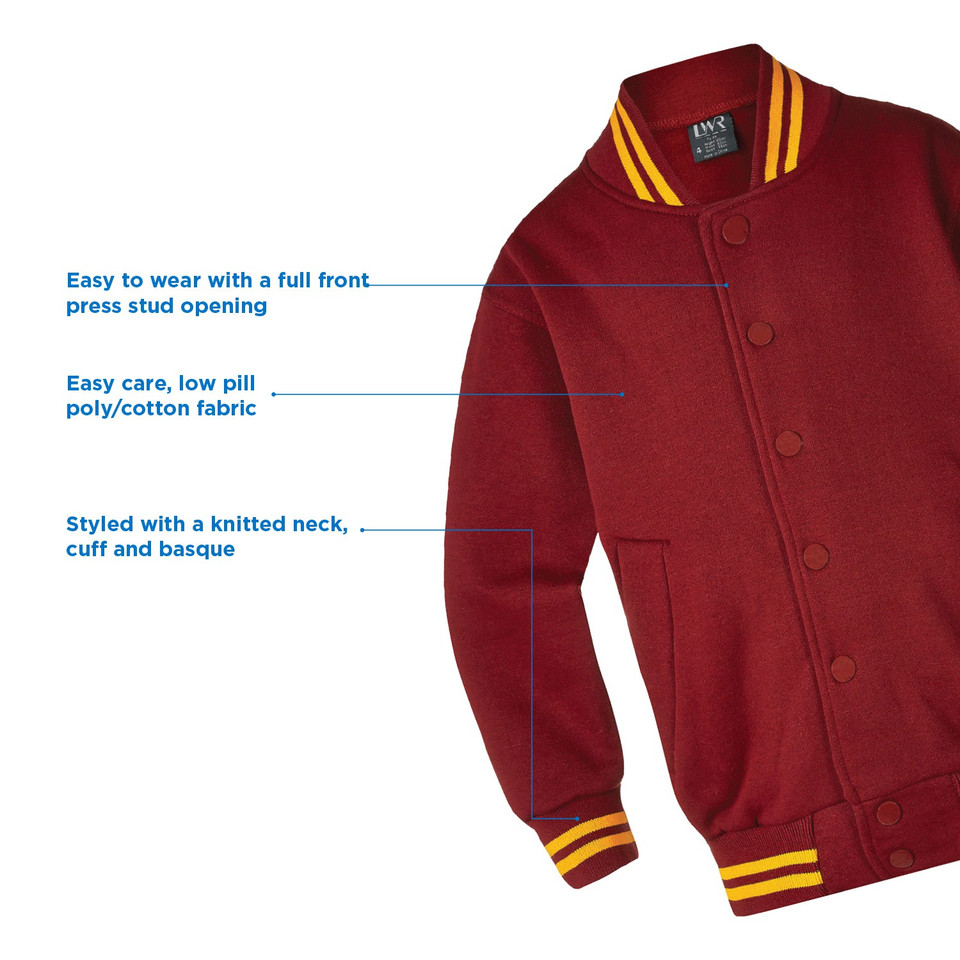 Maroon poly-cotton bomber jacket with gold-striped knitted collar, cuffs and basque, press-stud front opening