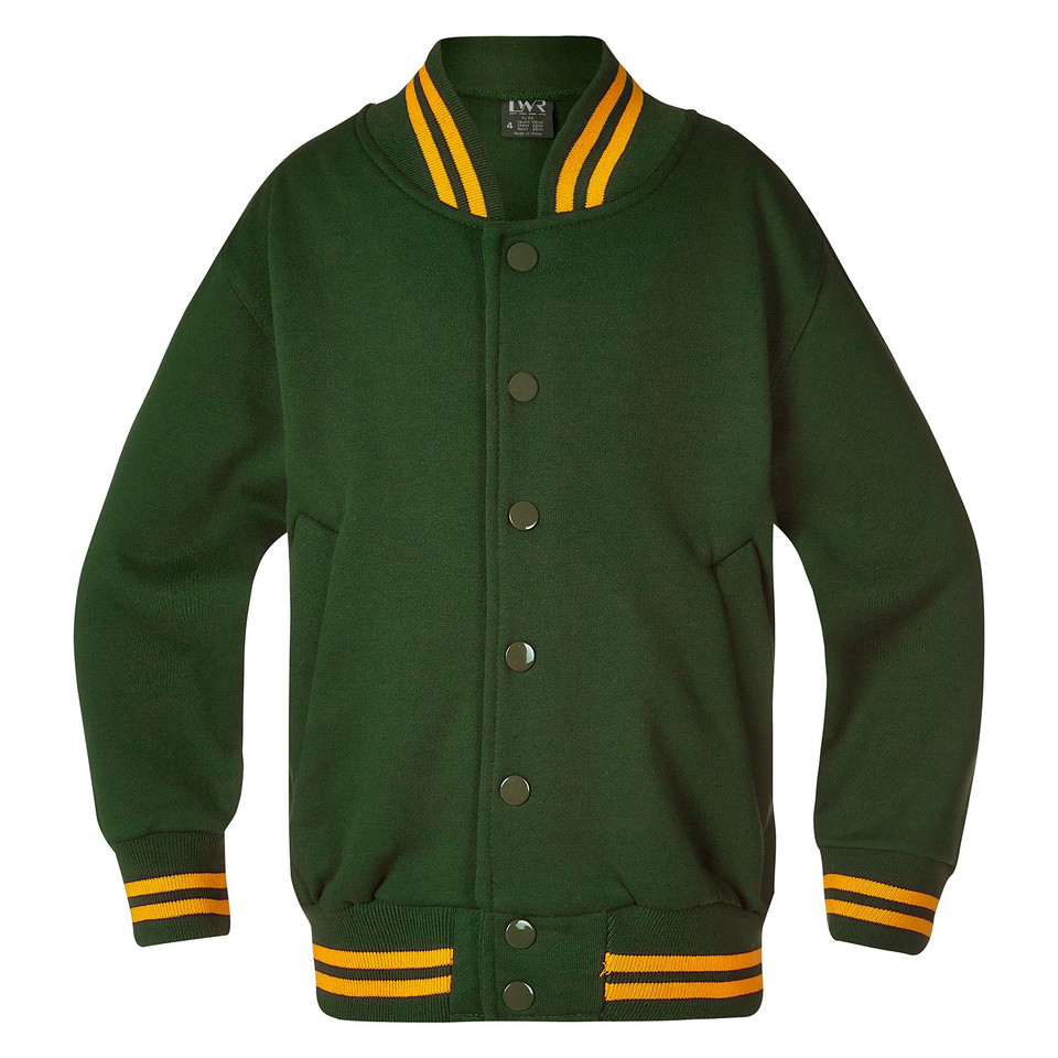 Forest green fleece bomber jacket with gold stripe ribbed collar, cuffs and hem, stud front closure