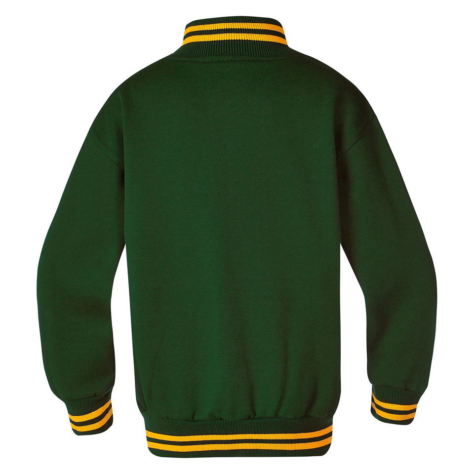 Bottle green fleece bomber jacket rear view with gold and green striped rib-knit collar and cuffs