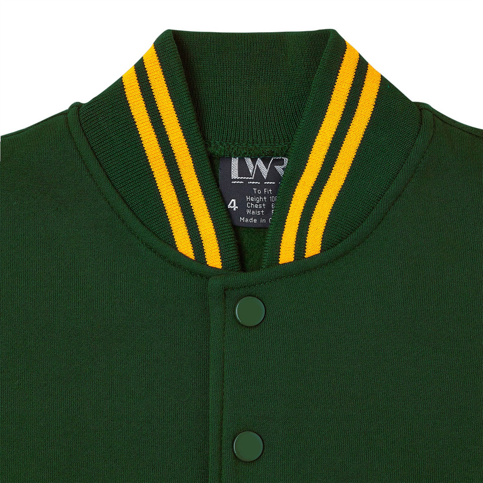 Bottle green fleece bomber jacket with gold and green striped rib collar and green stud front buttons