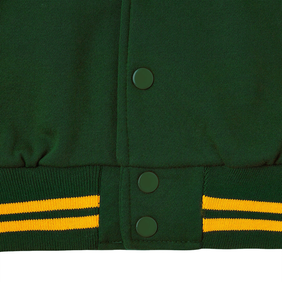 Forest green bomber jacket close-up showing stud front placket and gold-striped ribbed hem cuff