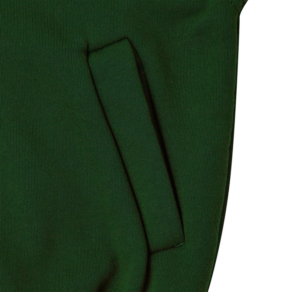 Close-up of bottle green fleece bomber jacket showing ribbed kangaroo pocket detail and smooth fabric surface