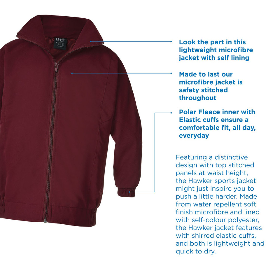 Maroon youth full-zip microfibre sports jacket with polar fleece inner, elastic cuffs, and top-stitched waist panels