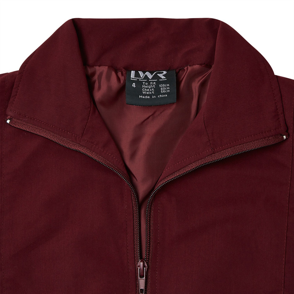 Kids burgundy microfibre sports jacket with zip-through collar and matching satin lining, close-up detail