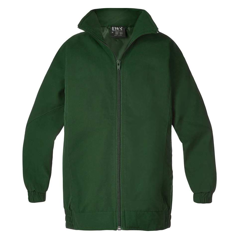 Bottle green kids zip-up sports jacket with stand collar, batwing sleeves and elasticated cuffs