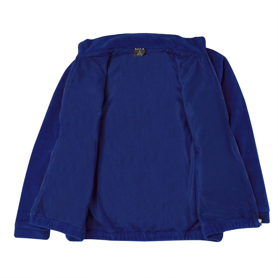 Royal blue polar fleece bomber jacket flat lay, open-front view showing interior lining and label