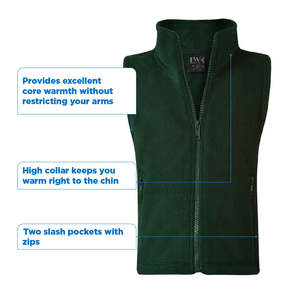 Bottle green polar fleece vest with high collar, full-length zip and two zipped slash pockets