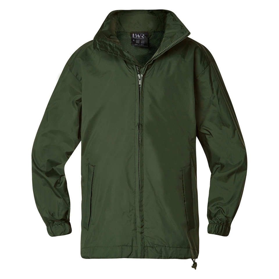 Army green zip-up jacket with concealed hood collar, side pockets and elasticated cuffs — flat lay