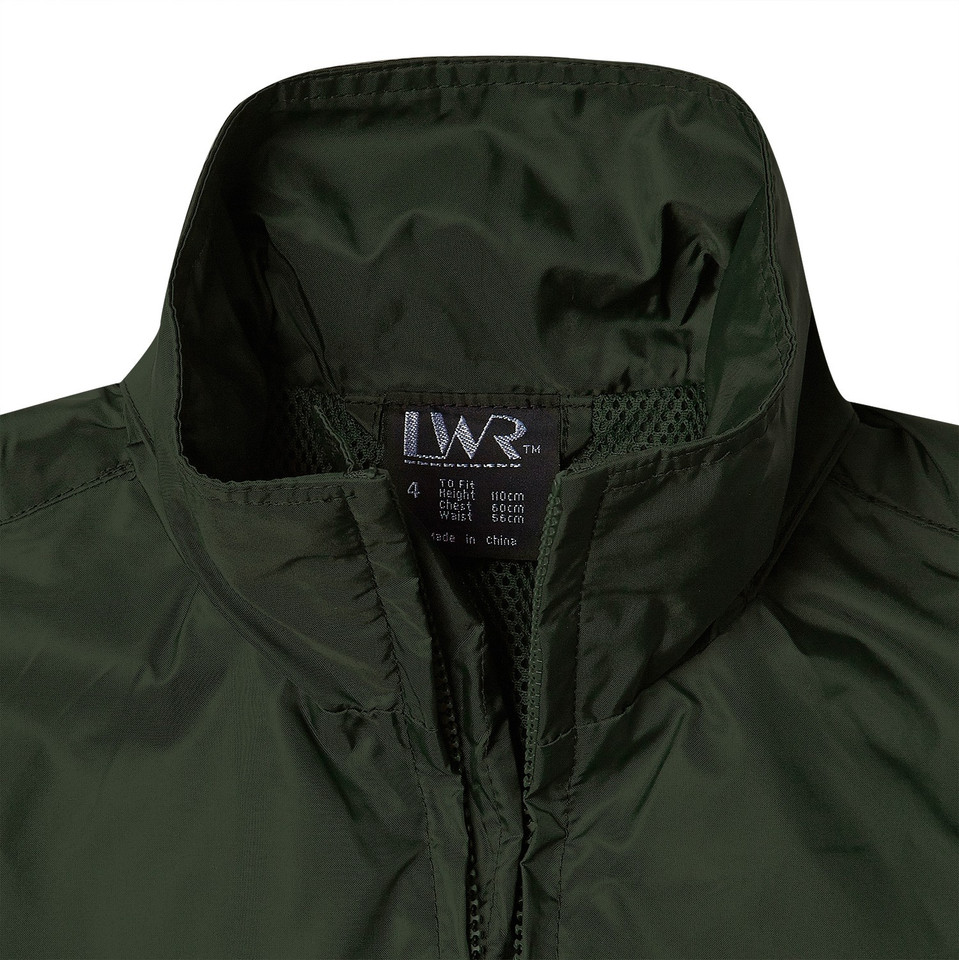 Close-up of forest green packable jacket showing high collar, concealed hood channel and front zip