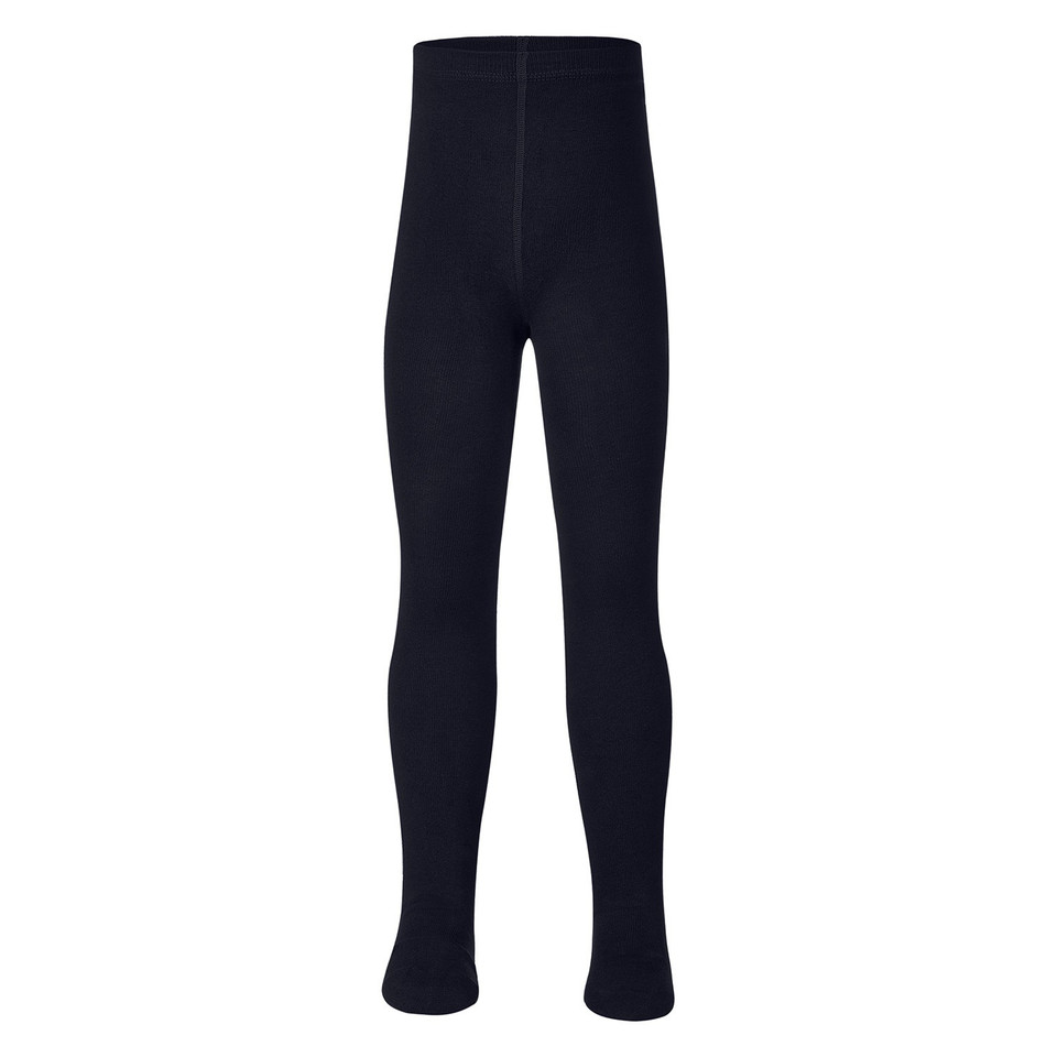 Navy blue girls full-length school tights with smooth flat knit finish and elasticated waistband