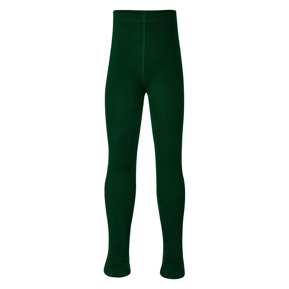 Bottle green girls full-length school tights, flat lay packshot showing smooth knit fabric and elasticated waistband