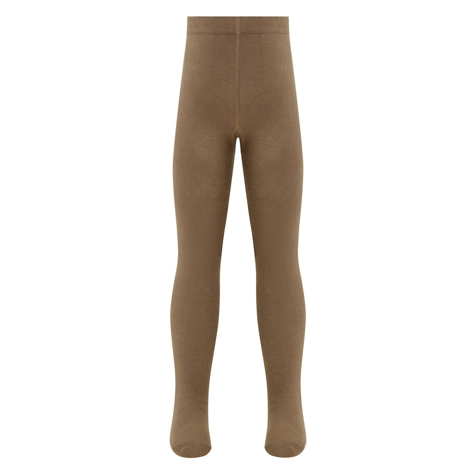 Tan flat-lay girls school tights with elasticated waistband and smooth knit finish