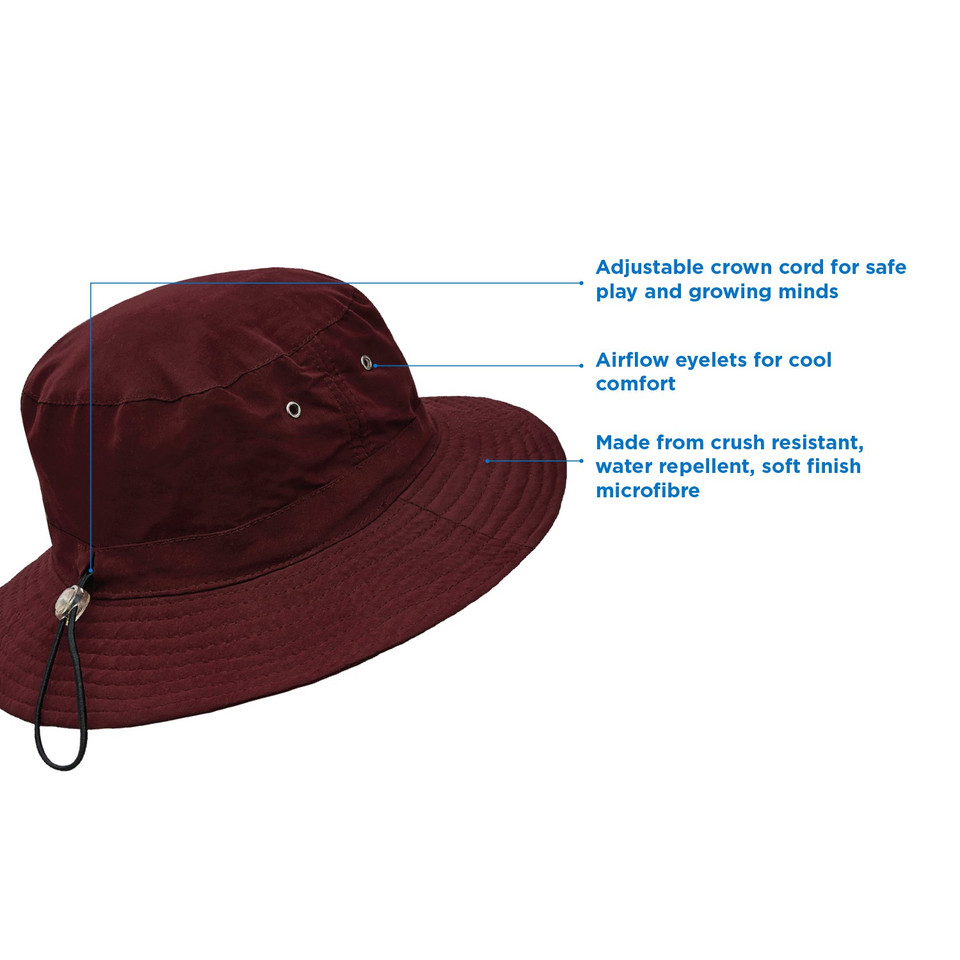 Garnet microfibre bucket hat with wide brim, airflow eyelets, and adjustable crown cord toggle