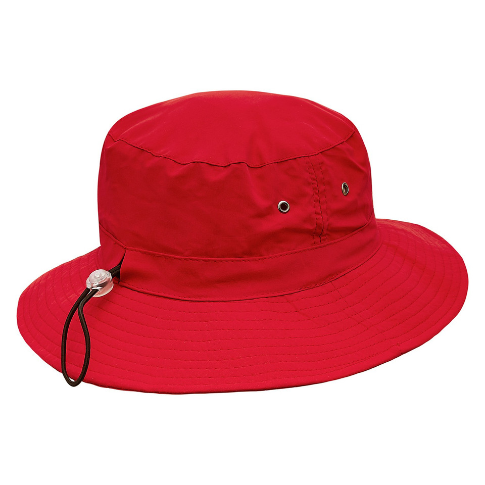 Red microfibre bucket hat with wide brim, side eyelets and adjustable chin cord toggle
