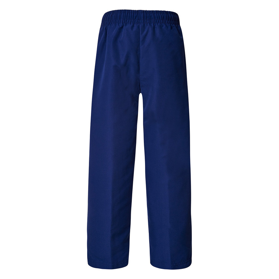 Navy blue straight leg track pants with elasticated waistband, flat front packshot rear view