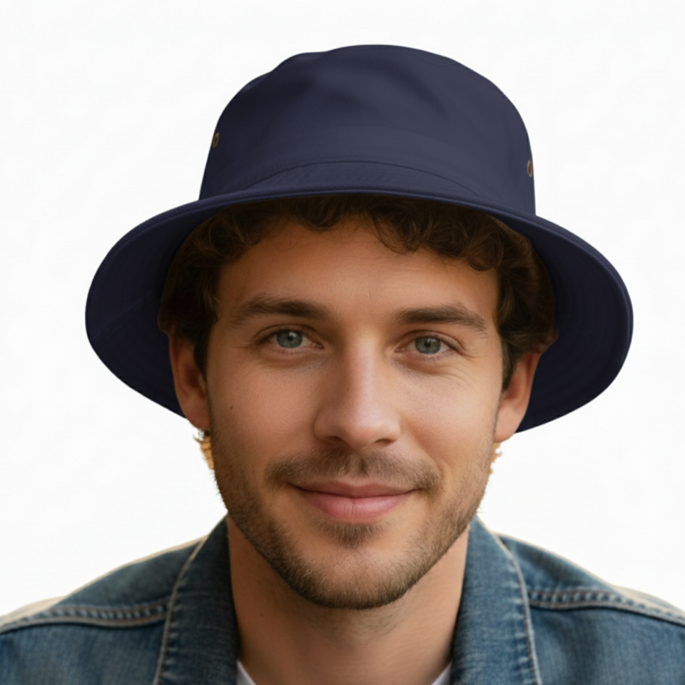 Men's Freddie Soft Cotton Bucket Hat in navy color, worn by a male model