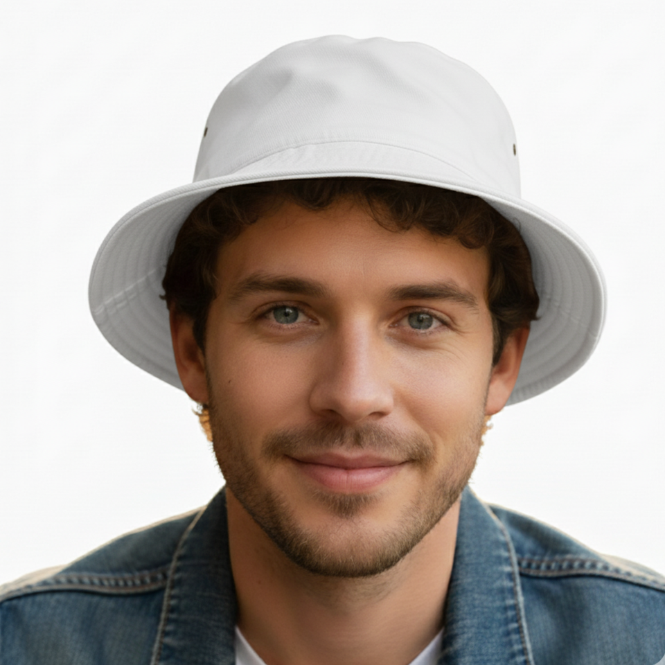 Men's Freddie Soft Cotton Bucket Hat in white color, worn by a male model