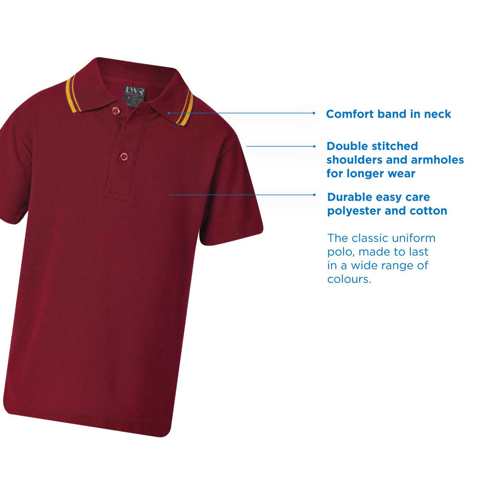 Maroon kids polo shirt with gold twin stripe collar, two-button placket and short sleeves — product callout view