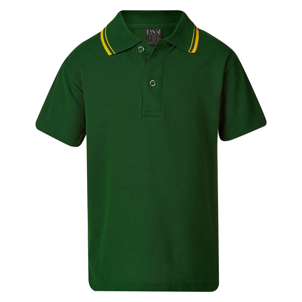 Bottle green kids pique polo with yellow twin stripe tipping on collar and three-button placket