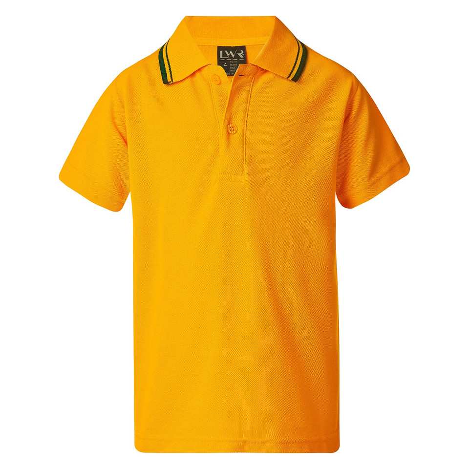 Gold kids pique polo shirt with bottle green twin stripe collar and two-button placket, flat lay packshot
