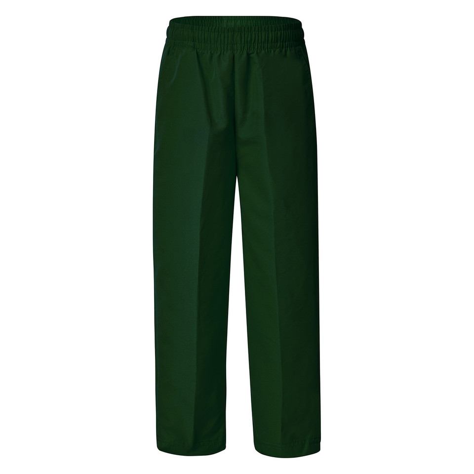 Bottle green microfibre straight leg track pants with elasticated waistband, flat front panels and wide leg cut