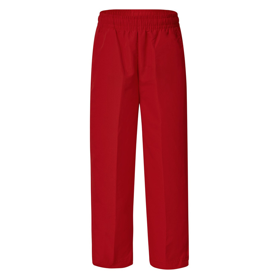 Crimson red microfibre straight leg track pants with elasticated waistband, flat front packshot
