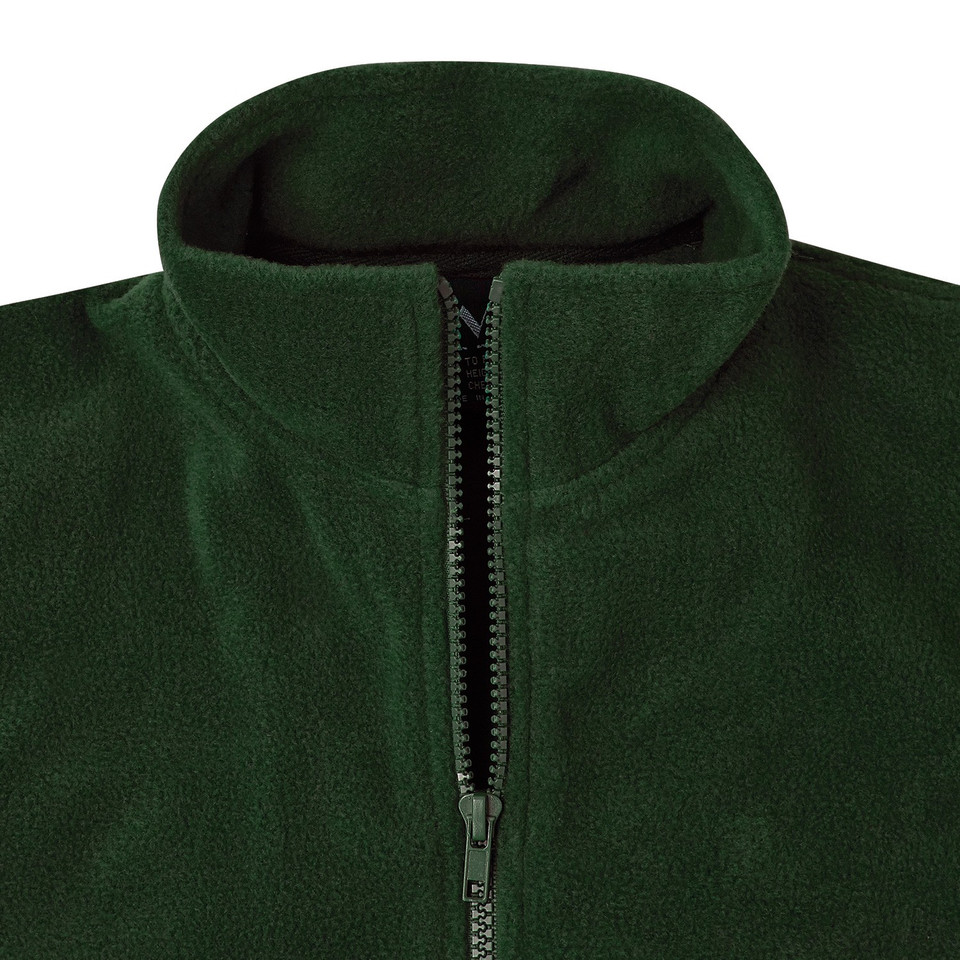 Bottle green kids polar fleece jacket with full-length zip and ribbed stand collar, close-up packshot