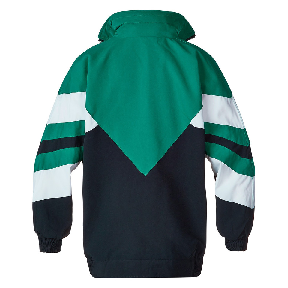 Kids microfibre sport jacket rear view in navy, emerald green and white colour-block panels with stripe sleeve detail and hood