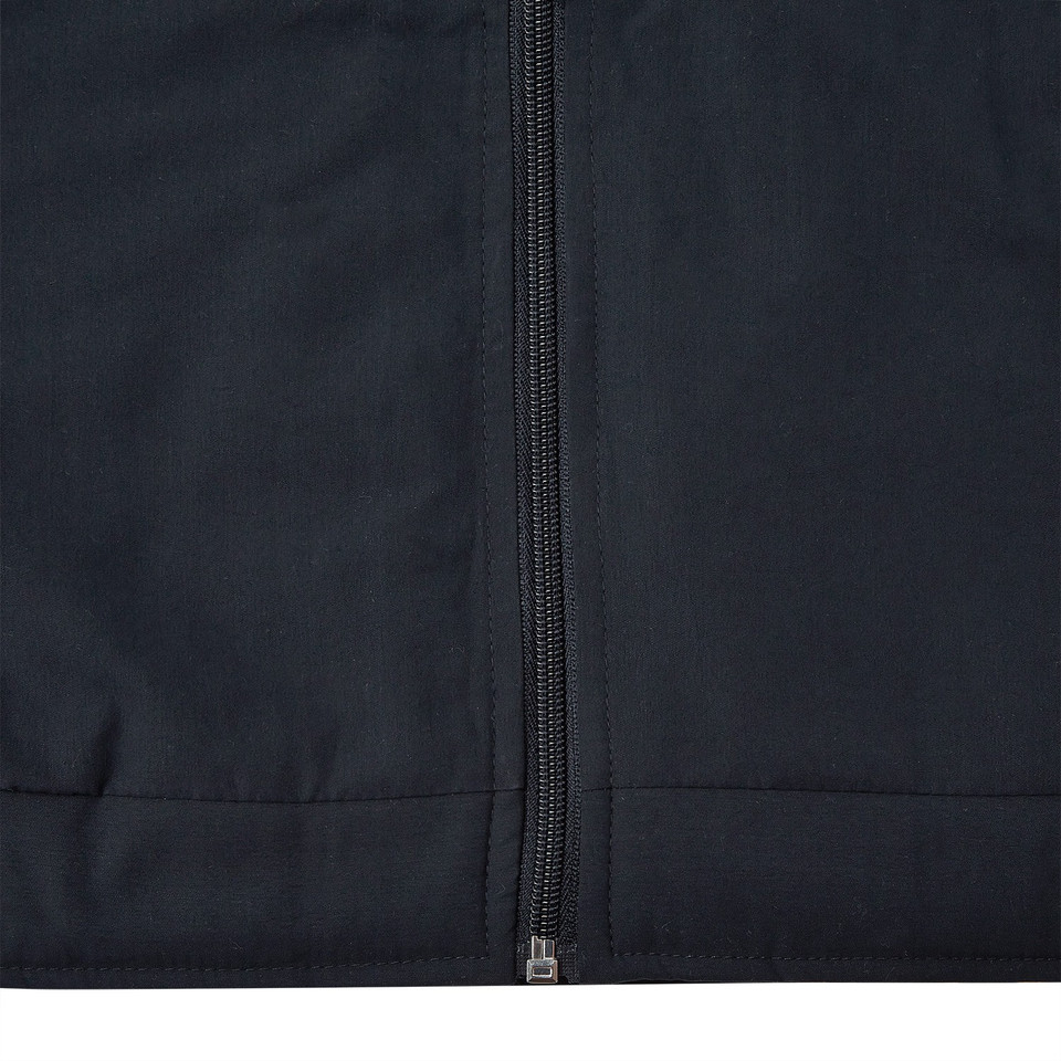 Close-up of midnight navy kids microfibre jacket showing centre-front zip with tonal zip tape and smooth flat panels